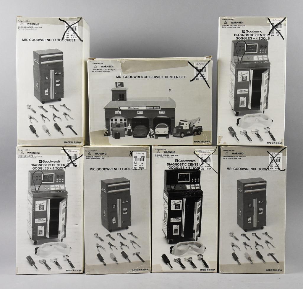 (7) JC Penney Mr. Goodwrench Die Cast Service Sets-MIB: Lot is seven JC Penney Mr. Goodwrench Die Cast Service Sets-MIB, Consists of three of each Upright Tool Boxes with Tools and Diagnostic Centers with Tools and one Service Center Set: Garage with three