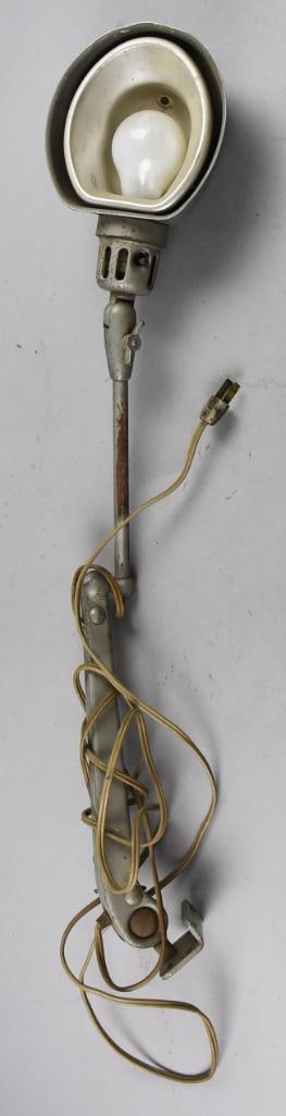 c1940 Dazor Mfg Industrial Articulating Lamp No. 1103: This awesome industrial lamp is from Dazor Mfg Corp, model 1103. Lamp is a floating arm or articulating lamp with a base that can be attached to a table or wall. Lamp can swivel and be adjusted with f