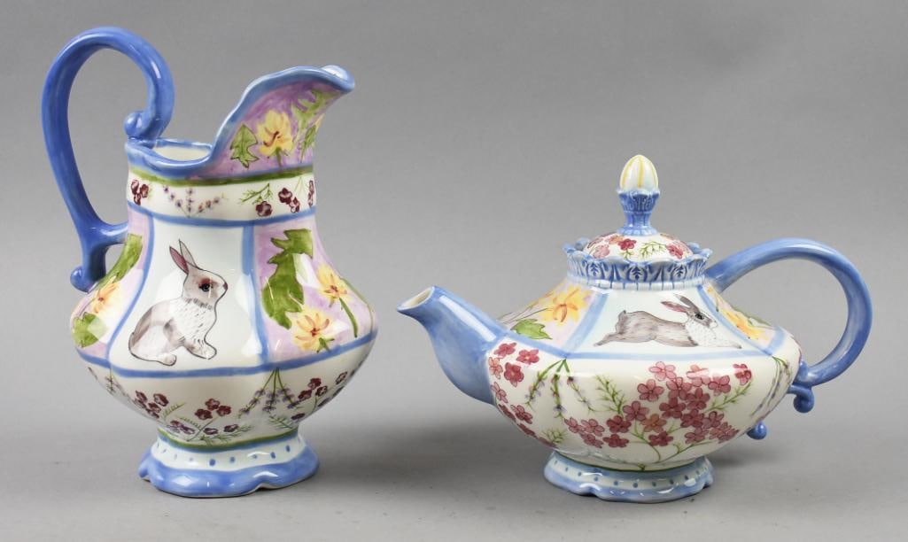 Danna Cullen Meadow Bunny Pitcher & Teapot: Pretty pieces from Danna Cullen Design from The Zrike Co. Per the label on bottom, these pieces are from the Meadow Bunny line. Pitcher stands approx. 10" and the teapot stands approx. 8" tall.