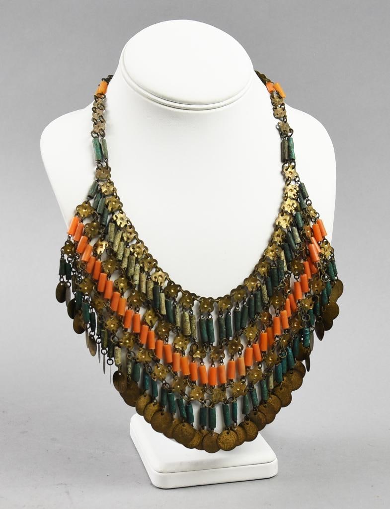 c1960 Egyptian Revival Clay Bead & Brass Bib Necklace MCM (1 of 5)