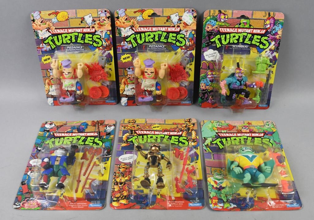 (6) 1990 Playmates Teenage Mutant Ninja Turtles-MOC-NOS: Lot is six 1990 Playmates Teenage Mutant Ninja Turtles-MOC-NOS. Includes Fujitoid, Ray Fillet, Panda Khan, Scumbug and two Pizzaface. Single owner collection from the largest toy collector on the West