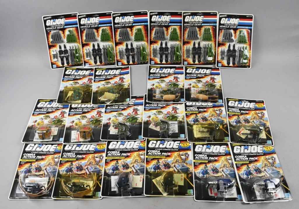 (22) 1986-87 Hasbro GI Joe Action Pack/Vehicle Gear-MOC-NOS: Lot is 22 1986-87 Hasbro GI Joe Action Pack/Vehicle Gear-MOC-NOS. Lot is two each: Anti Aircraft Gun, Radar Station, Helicopter, Rope Walker, Rope Crosser, Pom Pom Gun, Earth Borer, Mountain Climber. 