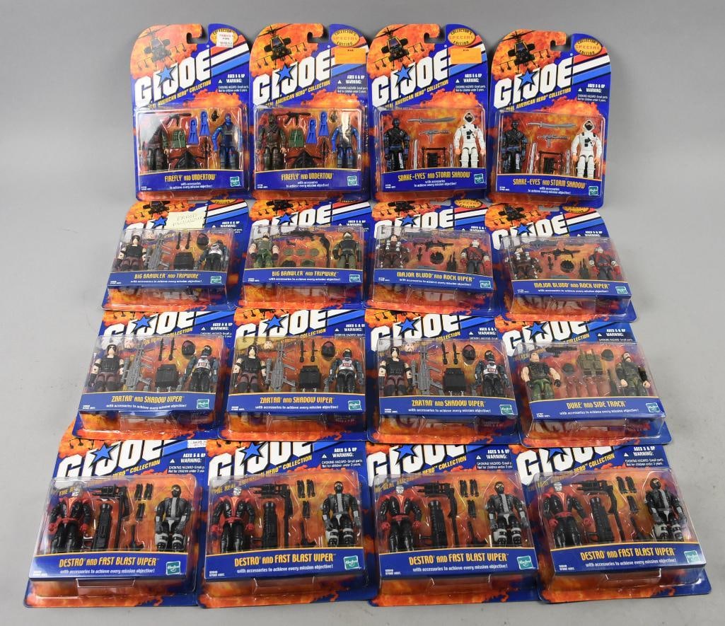 (16) 2000-01 Hasbro GI Joe Collector's Special Ed-MOC-NOS: Lot is 16 2000-01 Hasbro GI Joe Collector's Special Ed-MOC-NOS. Lot includes one Duke/Sidetrack, two each: Firefly/Undertow, Snake Eyes/Stormshadow, Big Brawler/Tripwire-ERROR PACKAGE, WRONG FIGURE IN