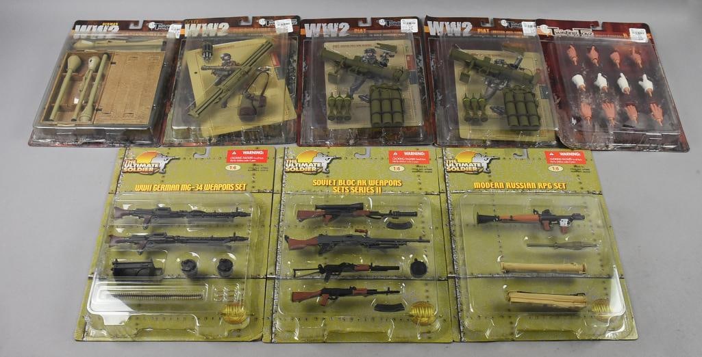 2000s 21st Century Toys/Twisting Toys Soldier Weapons-MOC-NOS: Lot is a variety of 2000s 21st Century Toys/Twisting Toys Soldier Weapons-MOC-NOS. Lot is 21st Century Toys: WWII German MG-34, Modern Russian RPG Set, Soviet Bloc AK Weapon Set. Twisting Toys: Panzer