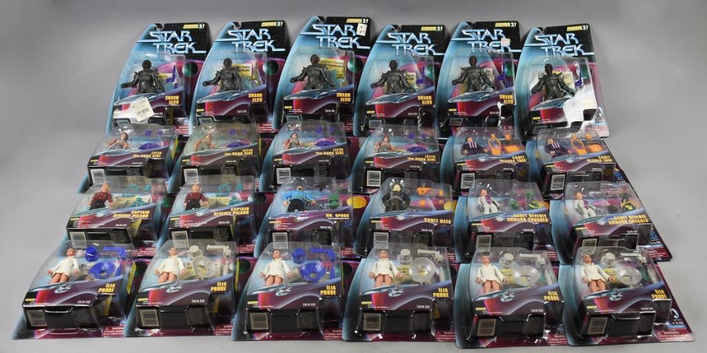 (25) 1997 Playmates Star Trek Warp Factor Series-MOC-NOS: Lot is 25 1997 Playmates Star Trek Warp Factor Series-MOC-NOS. Includes Siskoswarm Alien, Cadet Data, Mr. Spock. Two each, Beverly Picard, Beverly Howard and Deanna Troi. Four Leeta and six Swarm Alie