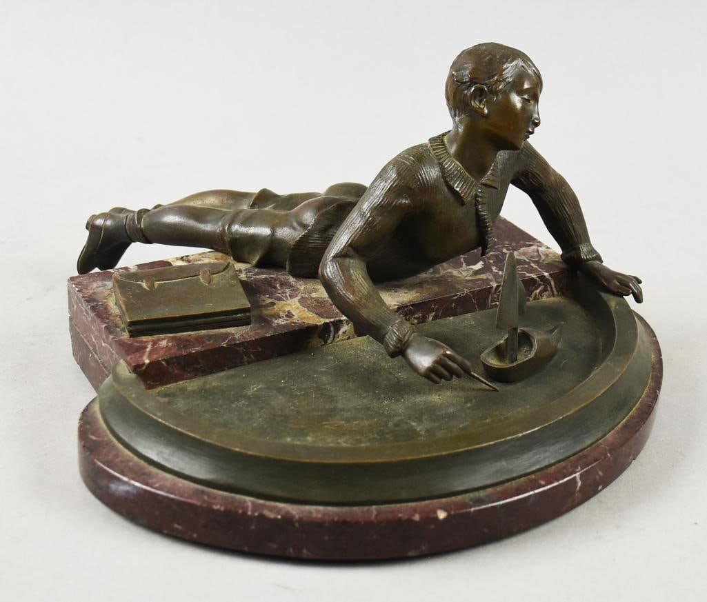 c1930 French Bronze Boy with Sailboat Inkwell/Marble Base: Wonderful vintage inkwell appears to be of French origin. From the 1930s and believed to be bronze. Figural in the form of a young boy playing with a sailboat. His satchel lays beside him that opens u