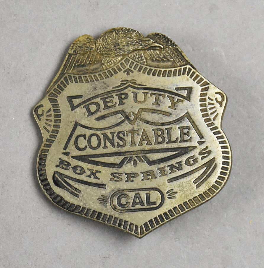 Vintage Obsolete Box Springs CA Deputy Constable Badge: Awesome badge for the Deputy Constable of Box Springs, California. Appears original with impressed 087 on back and round hinge locking clasp. Measures 2" x 2".