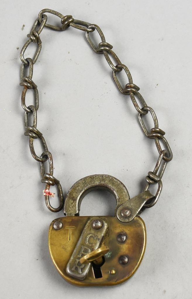 Antique Mitchell Canadian Pacific Railway Lock w/ Key: Beautiful early 20th century padlock with key and chain manufactured by Mitchell Canada. This padlock is marked CPR for the Canadian Pacific Railway and comes with what appears to be the original key 