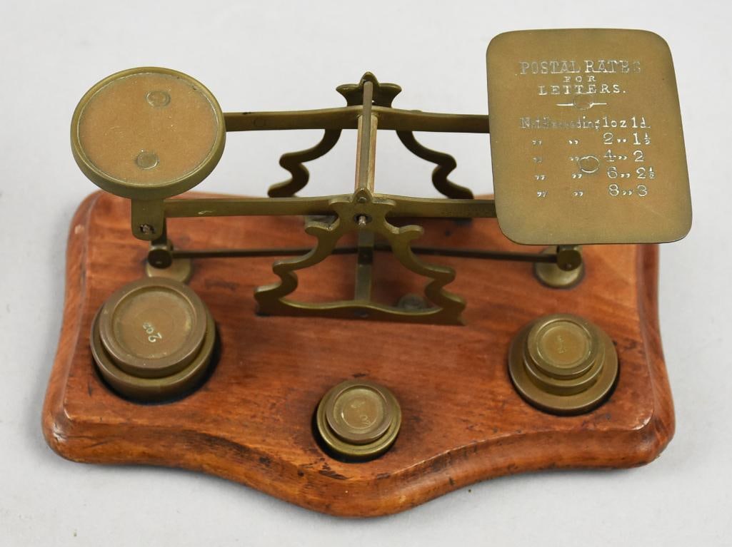 c1880 Samuel Turner Senior Brass Postal Scale: This is a stunning postal scale from Samuel Turner Senior. It is c1880 and is of brass. Pan is engraved with postage rates for letter weights and weight pan is simple, all balancing on a tree shaped c