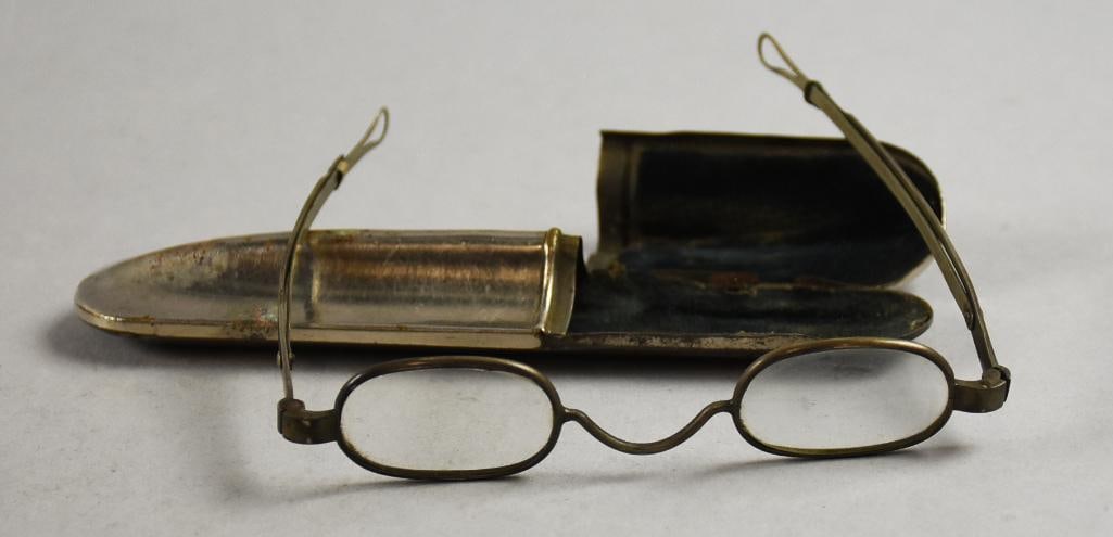 19th Century B.H. & G Spectacles with Original Case: These are a very cool pair of spectacles from the 1800s. Square frame Benjamin Franklin style with sliding temple arms and end loops. They are stamped inside temple arm with what appears to be B.H. & 