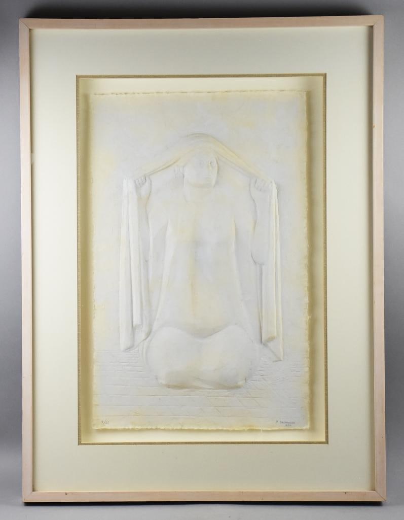 Felipe Castaneda (b1933) Mujer con Reboso Ltd Ed-Signed: Wonderful three dimensional artwork from Mexican born artist Felipe Castaneda (b1933). Appears to be a religious figure in paper mache on paper. This piece was also created in bronze and is titled Muj