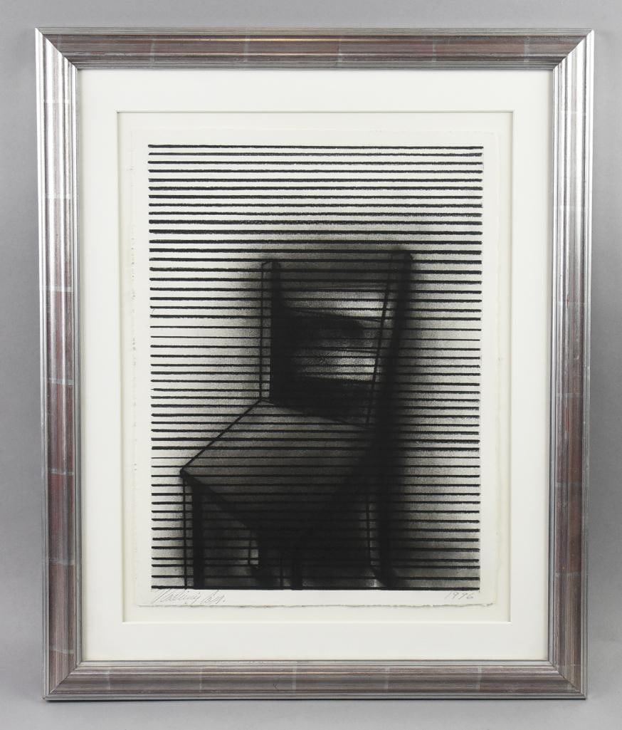 Vladimir Cora (b1951) 1996 Abstract Chair Drawing: Very cool art from abstract artist Vladimir Cora. It is a chair with lines through. It appears to be original art, but could be lithograph. Signed and dated 1996 along lower edge. Nicely framed with m