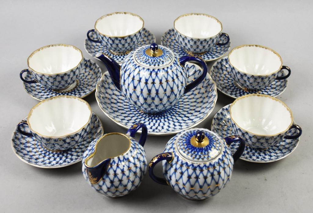 Lomonosov Russian Porcelain Cobalt Net Tea Set: This is a gorgeous set, porcelain from Russia, produced in the Lomonosov Imperial Porcelain Factory. The pattern is Cobalt Net or Tulip Cobalt Net originally designed in 1945. It is a tea set or lunch