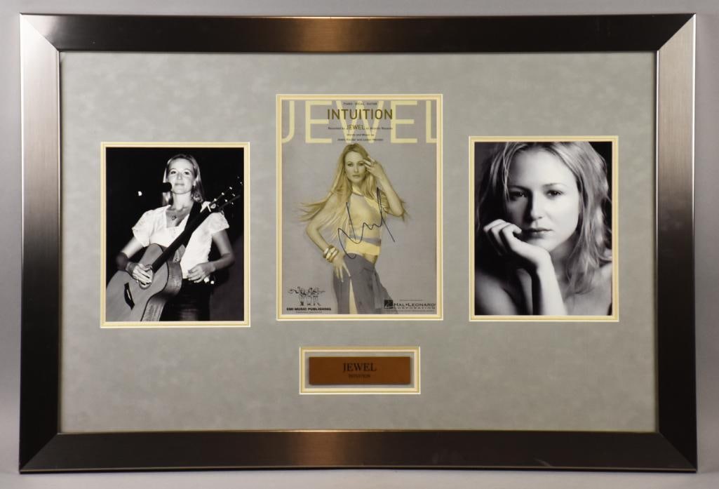 American Singer Jewel (Kilcher) Signed Photo-Shadowbox-COA: This cool piece of memorabilia is for American singer and songwriter Jewel, born Jewel Kilcher. Framed piece with two black and white photos and one piece that appears to be sheet music for the song "