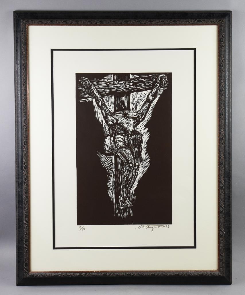 Raul Anguiano (1915-2006) Jesus on the Cross Linocut-Numbered: Gorgeous artwork from mural painter and teacher Raul Anguiano (1915-2006). It appears to be a linocut of Jesus on the Cross. Signed in the lower right and numbered 14/50 in the lower left. Nicely fram