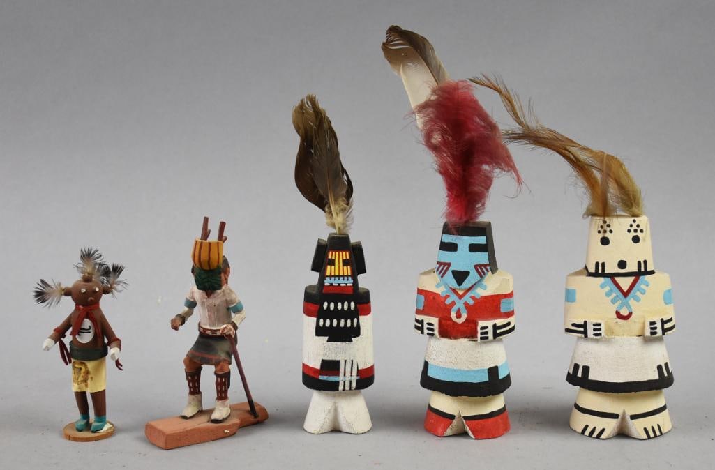 (5) Vintage Hopi Kachina Figure - Hand Painted/Carved: Lot if five Vintage Hopi Kachina Figure - Hand Painted and appear Hand Carved. Includes Mud Head, Deer Dancer, Maiden, Flute and Cricket. Each stands from approx. 4" to 8 " tall with one being signed