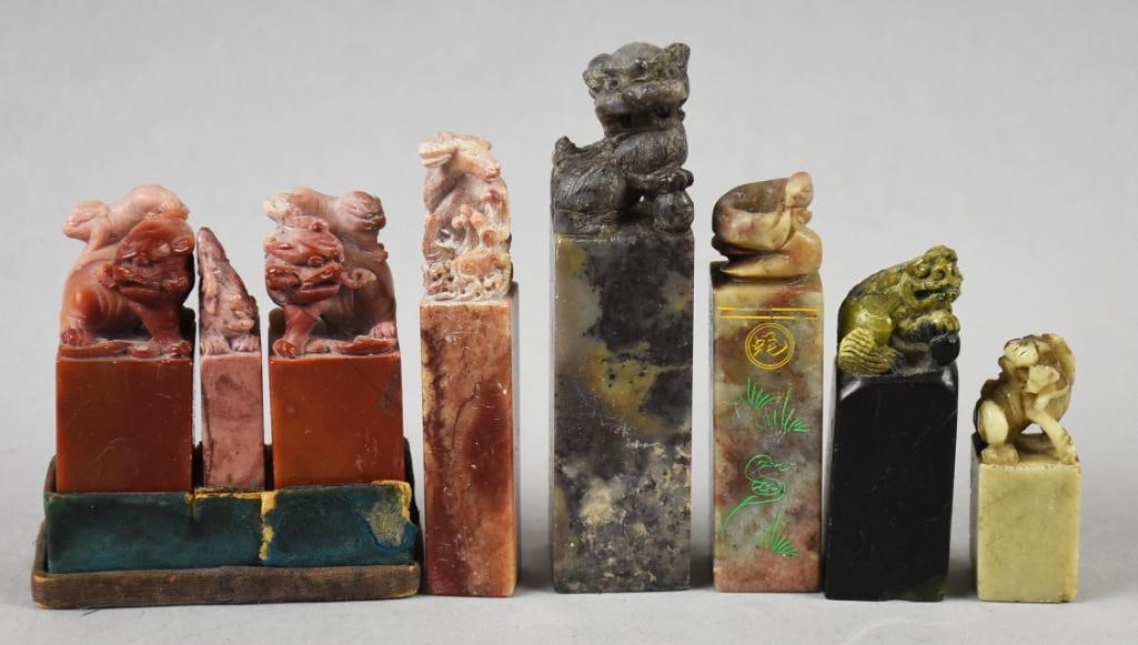 Antique Chinese Soapstone Stamps Seals: Beautiful assortment of antique stamps of Chinese origin. All appear to be soapstone with three being uncarved. One comes in a box that appears original. Each measure approx. 2" to 4" tall.