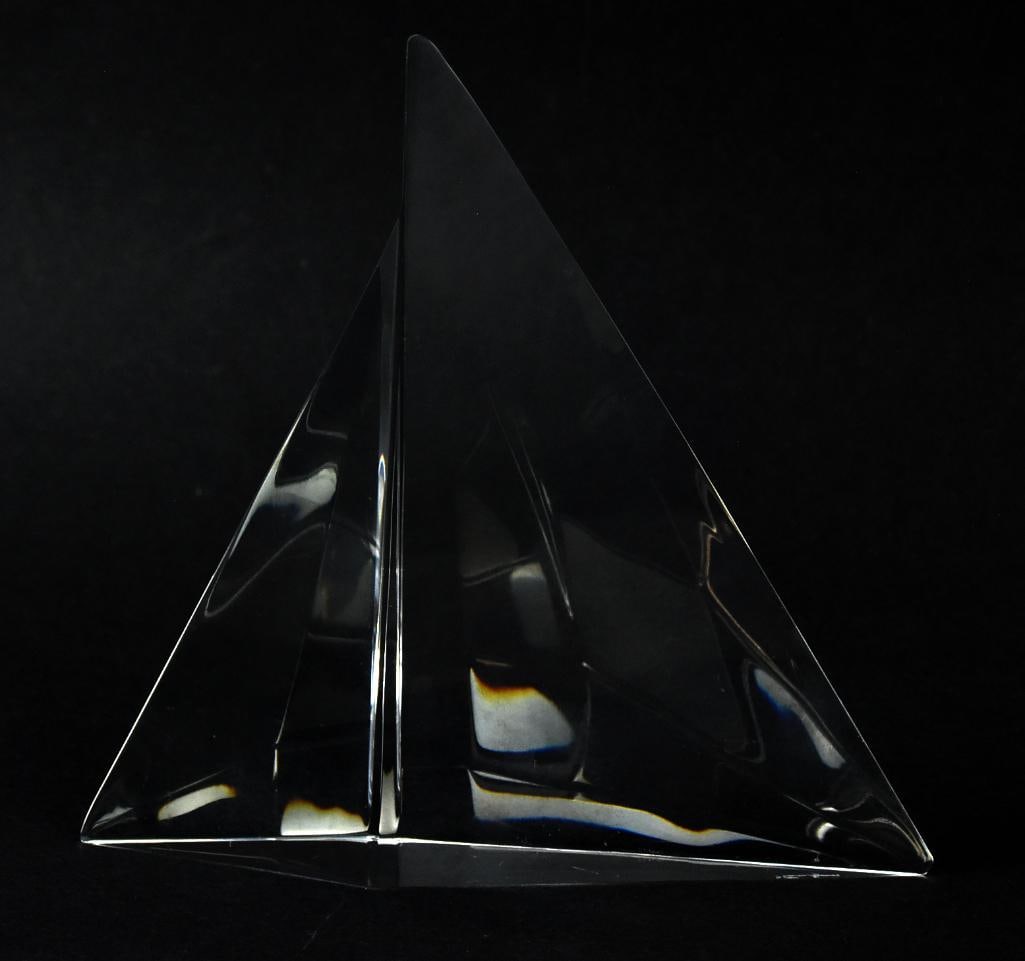 Steuben Modernist Crystal Sailboat: Spectacular piece of Steuben crystal in the form of a modernist sailboat. The mark is hand etched on bottom and measures approx. 6" tall x 7". Wonderful piece.
