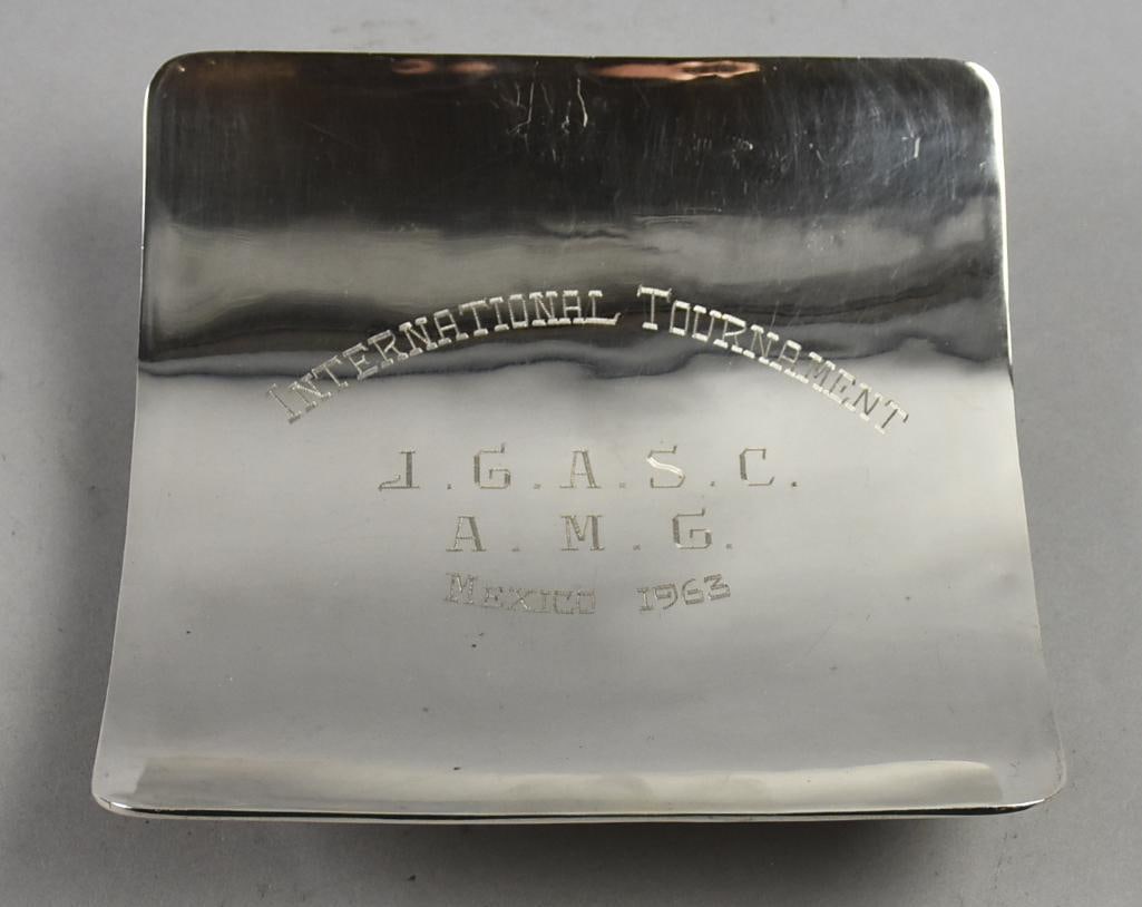 c1963 Luella Mexico Sterling Tournament Trophy: This awesome piece is Plata Sterling by Luella. It is a solid sterling trophy issued in 1963 for International Tournament. Engraved J.G.A.S.C. and A.M.G. Mexico 1963. Well marked on the bottom for Lue