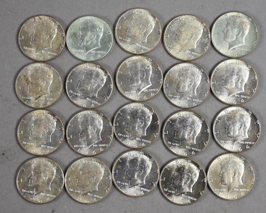 (20) 1964 Kennedy Silver Half Dollars-Fine/Extremely Fine: Lot is 20 1964 Kennedy Silver Half Dollars-Fine to Extremely Fine.