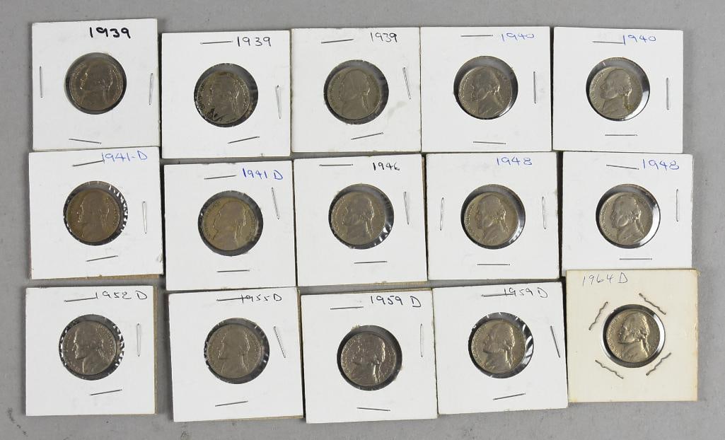 (15) 1930s-60s Jefferson Nickels, Sleeved-Circulated: Lot is 15 1930s-60s Jefferson Nickels, Sleeved-Circulated. Dates aren't consecutive and are as follows: three 1939, two 1940, two 1941 D, 1946, two 1948, 1952 D, 1955 D, two 1958 D and a 1964 D.