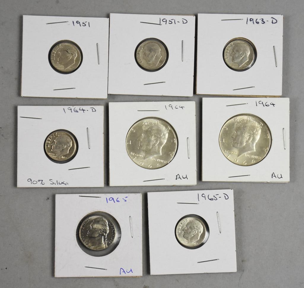 1950s-60s Silver US Coin Grouping, Nickel, Dimes & Halfs: 1950s-60s Silver US Coin Grouping, Nickel, Dimes & Halfs. Nickel is 1965-not silver, dimes are 1951, 1951 D, 1963 D, two 1964, 1964 D and 1965 D. Halfs are both 1964.