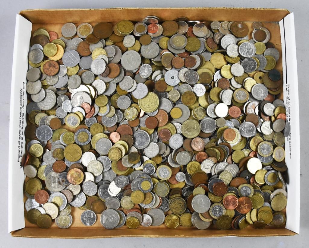 Over 11 Lbs Unsorted Mostly Foreign Coins - Circulated: Lot is 11.91 lbs. of what appears to be all foreign coins. May contain US coins and tokens.