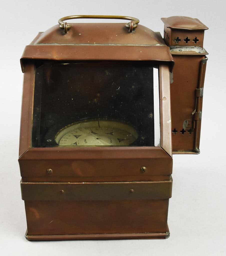 19th C. E.S. Ritchie Negus Binnacle Ship Navigation Tool: This is an awesome piece of nautical history in this Edward Samuel Ritchi binnacle. The Negus instrument with liquid inside, is housed in a solid copper box with brass handle and accents. There is an 