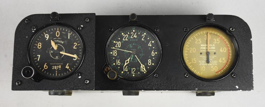 Vtg Kollsman/Waltham/Bendix Aviation Aircraft Instruments: This is a great display piece of some aviation instruments. Lot is a "Pioneer" Type C-14 from Bendix Aviation Altitude Gauge, 8 Day Civil Date Clock believed to be Waltham and a Kollsman Manifold Pres