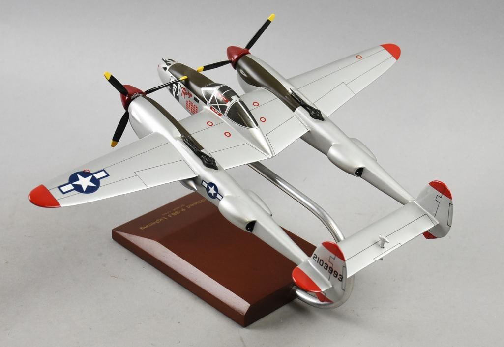 Scalecraft Lockheed P-38J Lightning Desktop Model 1/48: Awesome desktop airplane model from Scalecraft. It is a Lockheed P-38J Lightning and is no longer offered on their website. Measures approx. 16" x 12" x 8" tall.