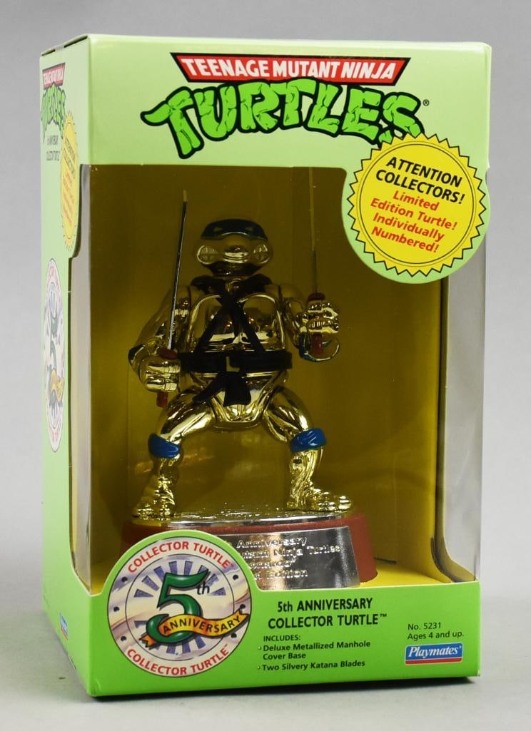 1992 Playmates TMNT 5th Anniversary Collector Turtle-MIB-NOS: 1992 Playmates TMNT Teenage Age Mutant Ninja Turtle 5th Anniversary Collector Turtle-MIB-NOS. Playmates. Individually numbered, original packing box. Single owner collection from the largest toy colle