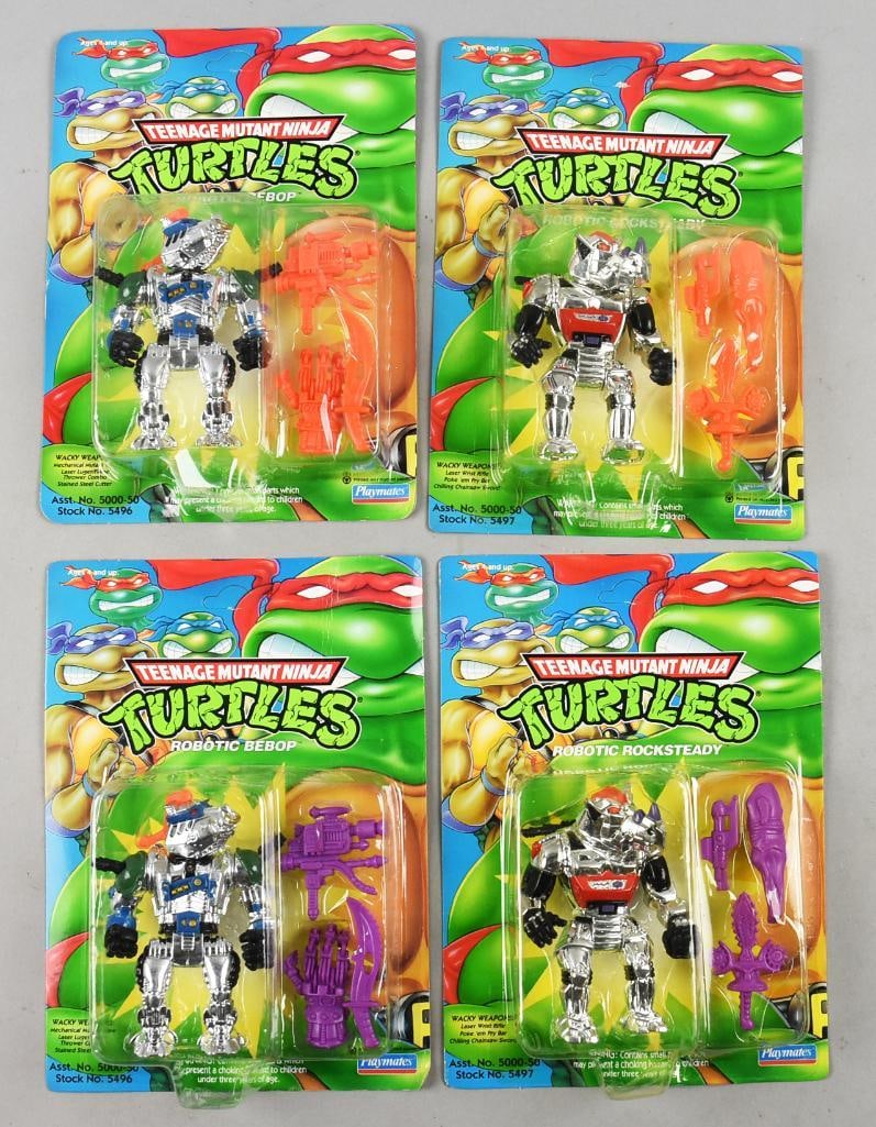 (4) 1993 Playmates TMNT Unpunched Action Figures-MOC-NOS: Lot is four 1993 Playmates Teenage Age Mutant Ninja Turtle TMNT Unpunched Action Figures-MOC-NOS. Includes two each Robotic Bebop and Robitic Rocksteady. Single owner collection from the largest toy c