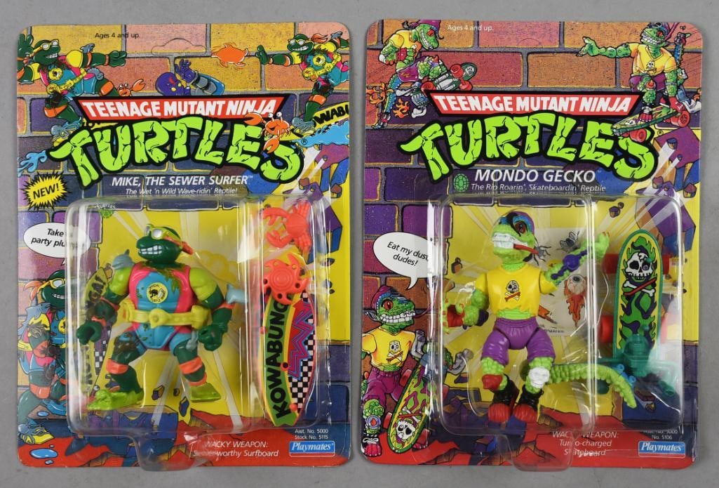 (2) 1990 Playmates TMNT Mondo Gecko, Mike Sewer-MOC-NOS: Pair of 1990 Playmates TMNT Teenage Age Mutant Ninja Turtle Mondo Gecko, Mike The Sewer Surfer-MOC-NOS. Single owner collection from the largest toy collector on the West Coast.