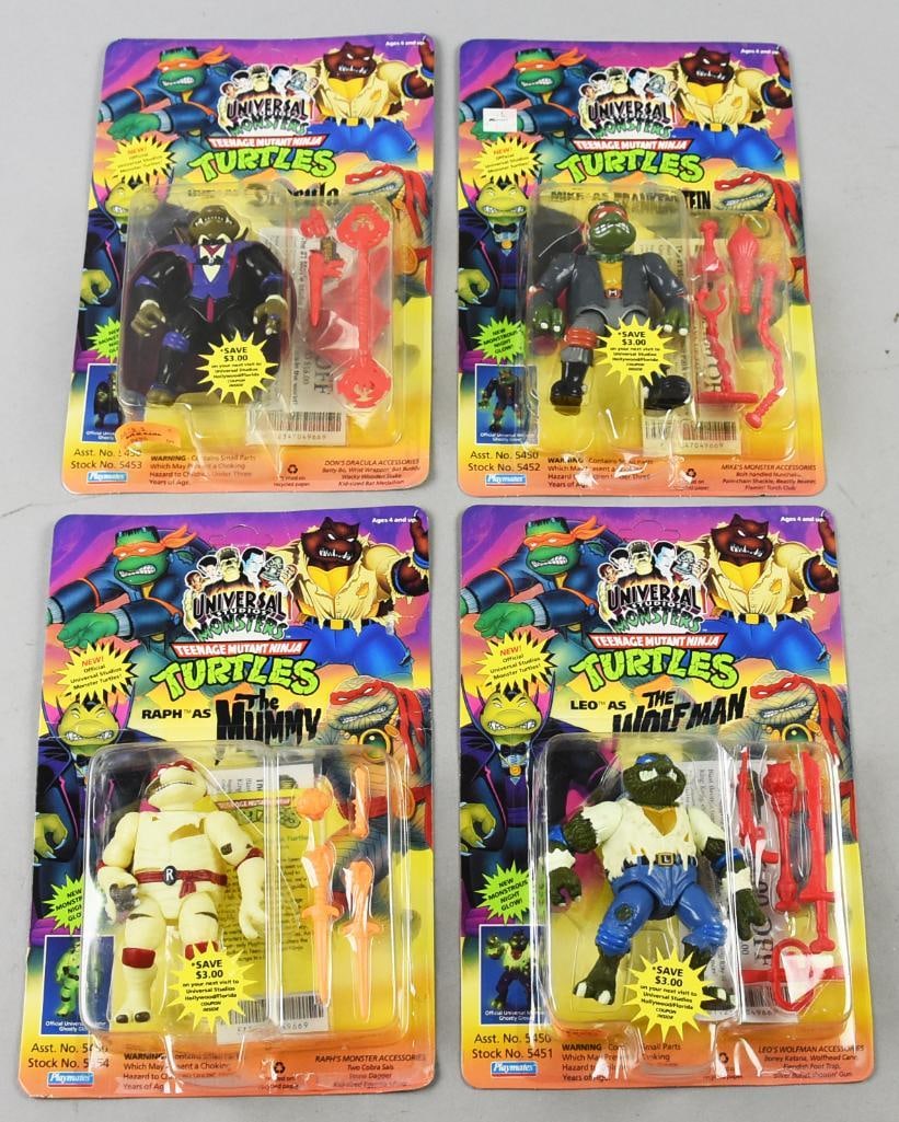 (4) 1993 Playmates TMNT Unpunched Universal Monsters-NOS: Lot is four 1993 Playmates TMNT Teenage Age Mutant Ninja Turtle Unpunched Universal Monsters Action Figures-MOC-NOS. Includes Dracula, Frankenstein, The Mummy and The Wolfman. Single owner collection 