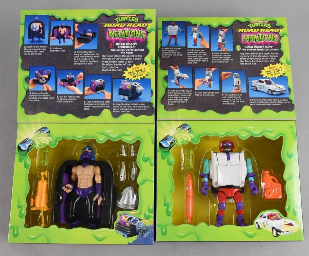 (2) 1989 Playmates TMNT Road Ready Mutations-MIB-NOS: Lot is a pair of 1989 Playmates TMNT Teenage Age Mutant Ninja Turtle Road Ready Mutations-MIB-NOS. Includes Road Ready Don and Road Ready Shredder. Single owner collection from the largest toy collect