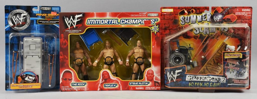 (3) 1999, 2001 Jakks Pacific World Wrestling Sets/Figures-NOS: 1999, 2001 Jakks Pacific World Wrestling Sets/Figures-NOS. Includes Ring Gear, three figure Immortal Champions and Grapple Gear 2. Single owner collection from the largest toy collector on the West Co
