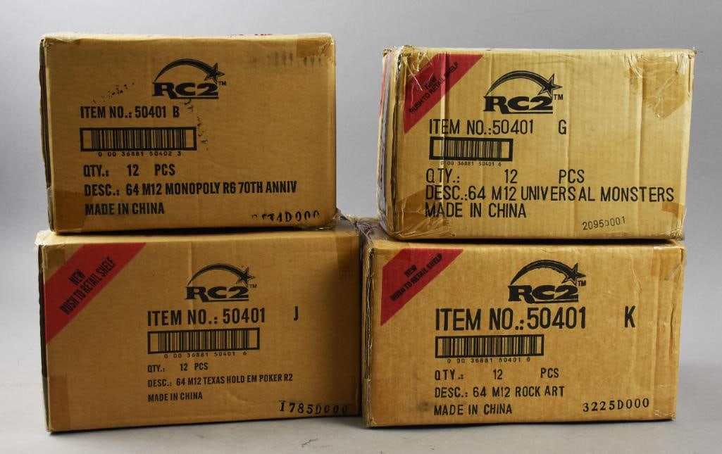 Factory Sealed RC2 Universal Monsters/Monopoly PLUS-NOS: Factory Sealed RC2 Universal Monsters/Monopoly PLUS-NOS. One box factory sealed. Boxes appear full and contain 70th Anniversary Monopoly, Rock Art, Universal Monsters and Texas Hold 'Em Poker. Single