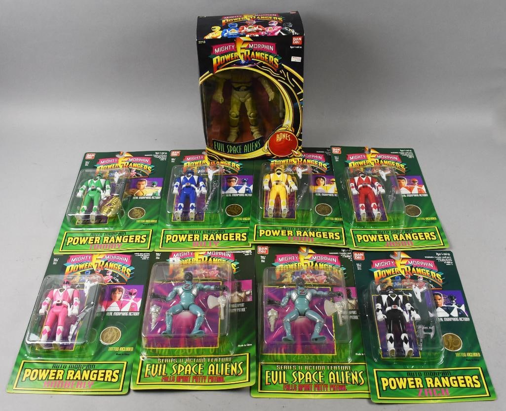 (9) 1993-94 Ban Dai Power Rangers/Evil Space Aliens-MIP-NOS: Lot is 1993-94 Ban Dai Power Rangers/Evil Space Aliens-MIP-NOS. Includes Kimberly, Zach, Tommy, Billy, Jason and Trini. Evil are Bones, Falls Apart Putty Patrol. Single owner collection from the large