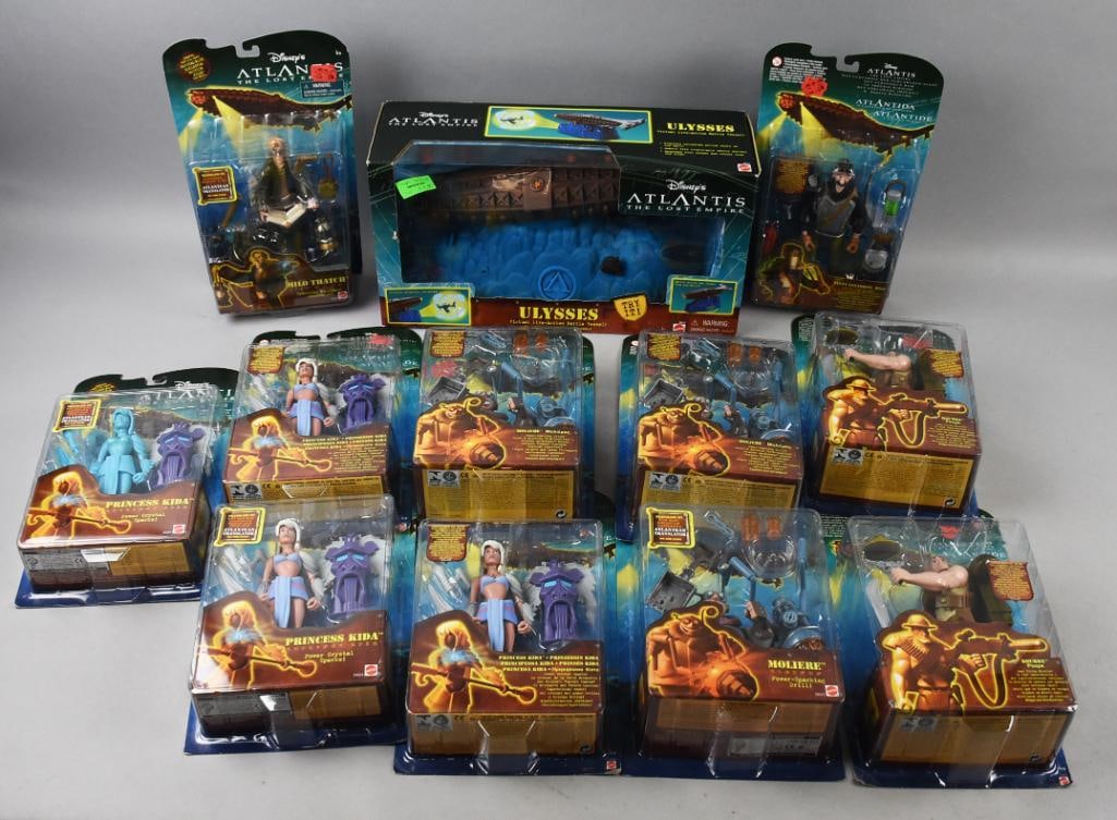 (12) 2000 Mattel Atlantis Lost Empire Action Figures-MIP-NOS: Lot is 12 2000 Mattel Atlantis Lost Empire Action Figures-MIP-NOS. Includes, but not limited to a Ulysses Submarine, Princess Kida (variants), Moliere and more. Contains duplicates. Single owner colle