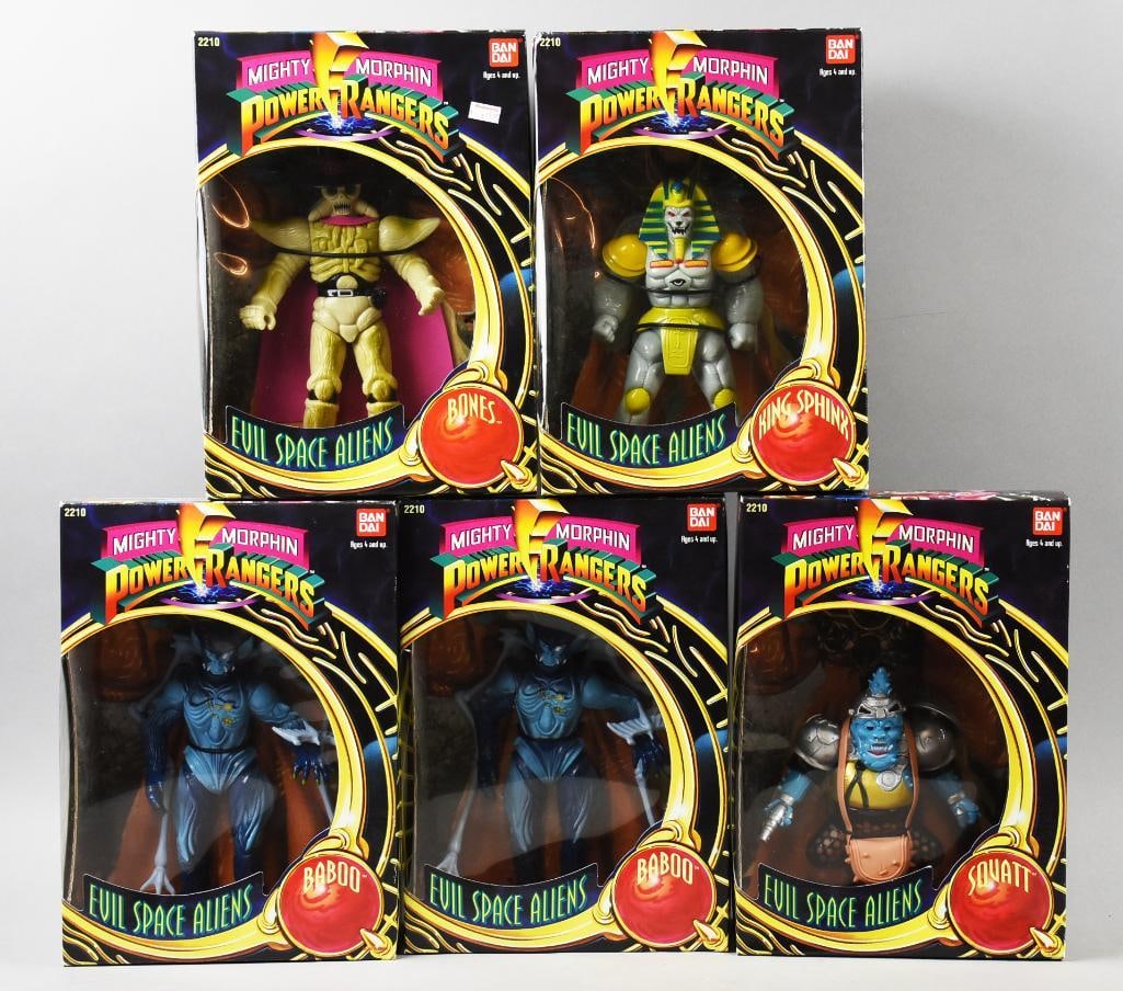 (5) 1993 Ban Dai Power Rangers/Evil Space Aliens-MIB-NOS: Lot is five 1993 Ban Dai Power Rangers/Evil Space Aliens-MIB-NOS. Includes Bones, King Sphinx, Sovatt and two Baboo. Single owner collection from the largest toy collector on the West Coast.