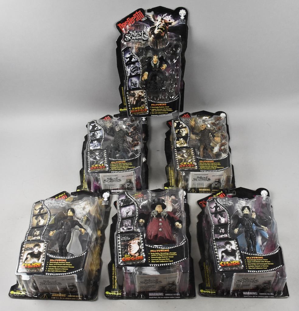 (6) 2000 Mezco Silent Screamers Action Figures-MOC-NOS: Lot is six 2000 Mezco Silent Screamers Action Figures-MOC-NOS. Includes Knock Reinfeld, Dr. Caligari, two Graf Orlok and two Cesare. Complete set plus. Single owner collection from the largest toy col