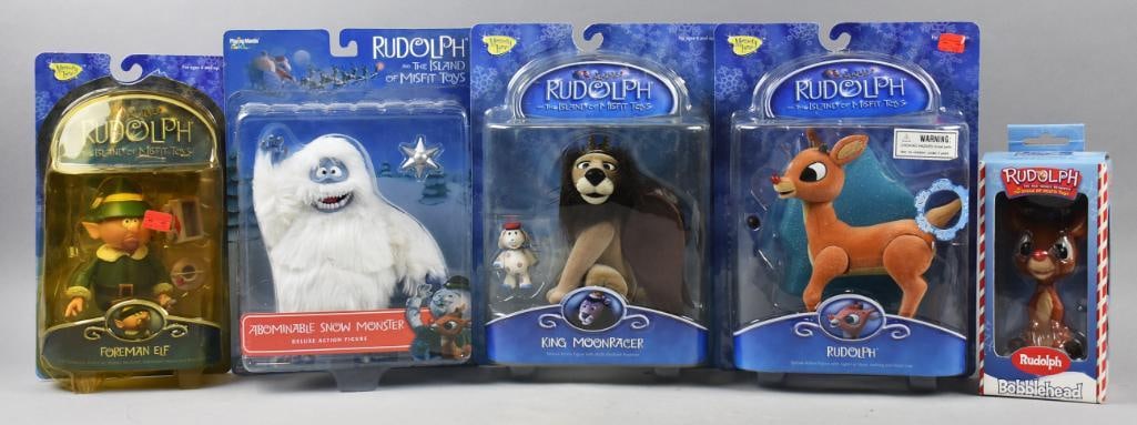 (5) 2001-02 Rudolph The Red Nose Reindeer Action Figures-MIP-NOS: Lot is five 2001-02 Playing Mantis Rudolph Action Figures-MIP-NOS. Includes one each, Rudolph, King Moonracer, Foreman Elf, Abominable Snowman and bobblehead Rudolph. Single owner collection from the 