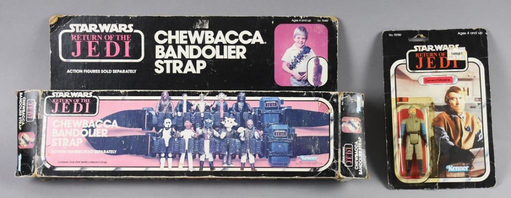 1983 Kenner Star Wars ROTJ Action Fig, Costume Part: Fun pieces of 1983 Star Wars memorabilia that includes a General Madine action figure, on original card and a Chewbacca Should Strap in the original box. From the home of a Star Wars super fan!