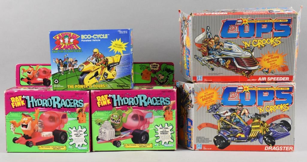 (5) 1988-91 Various Mfg. Vehicles Rat Fink - MIB - NOS: Lot is five 1988-91 Various Mfg. Vehicles - MIB - NOS. Includes Captain Planet Eco-Cycle and two each Rat Fink Hydro Racers and Cops 'N Crooks. Single owner collection from the largest toy collector o