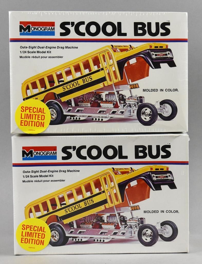 (2) 1973 Monogram S'Cool Bus 1/24 Scale Models-MIB-NOS: Lot is two 1973 Monogram S'Cool Bus 1/24 Scale Models-MIB-NOS. Single owner collection from the largest toy collector on the West Coast.