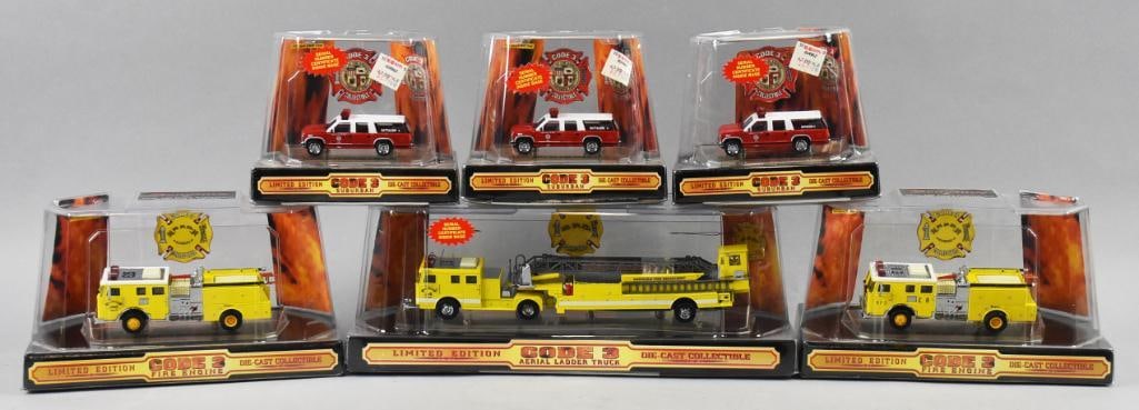 (6) 1997-98 Code 3 Emergency Responder Die Cast-MIP-NOS: Lot is six 1997-98 Code 3 Emergency Responder Die Cast-MIP-NOS. Includes Honolulu Hook and Ladder, two Fire Trucks and three LA Fire Suburbans. Single owner collection from the largest toy collector o