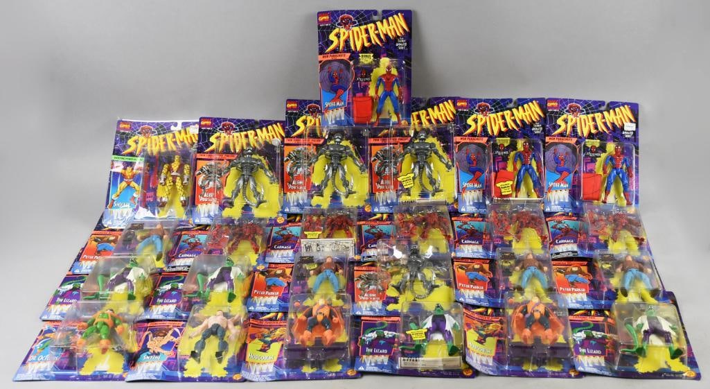 (25) 1994 Toy Biz Spiderman Action Figures-MOC-NOS: Lot is 25 1994 Toy Biz Spiderman Action Figures-MOC-NOS. Includes but not limited to Alien Spider Slayer, Shocker, The Lizard, Spiderman and more with some duplicates. Single owner collection from the
