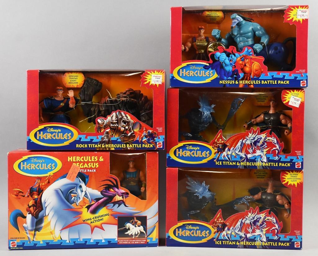 (5) 1997 Mattel Disney Hercules Battle Pack-MIB-NOS: Lot is five 1997 Mattel Disney Hercules Battle Pack-MIB-NOS. Includes one each Hercules/Pegasus, Nessus/Hercules, Rock Titan/Hercules and two Ice Titan/Hercules. Single owner collection from the large