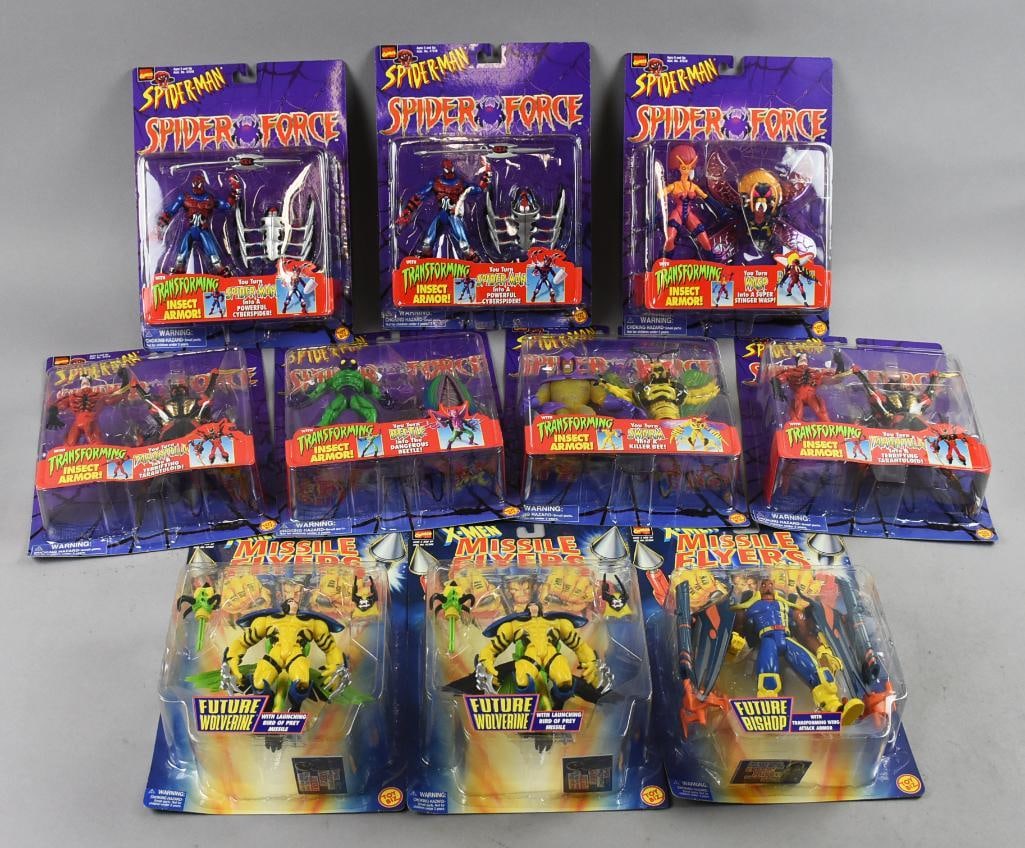 (10) 1997 Toy Biz Spiderman/X-Men Action Figures-MOC-NOS: Lot is 10 1997 Toy Biz Spiderman/X-Men Action Figures-MOC-NOS. Includes X-Men: Future Bishop and two Future Wolverine. Spiderman: Wasp, Beetle, Swarm and two each: Tarantula, Cyberspider, Single owner