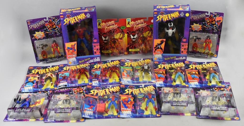 (18) 1994, 1996 Toy Biz Spiderman Action Figures-MOC-NOS: Lot is 18 1994, 1996 Toy Biz Spiderman Action Figures-MOC-NOS. Including but not limited to Peter Parker, Spiderman, Spiderwoman, Spidernan Deluxe, Carnage and more. Contains duplicates. Single owner 